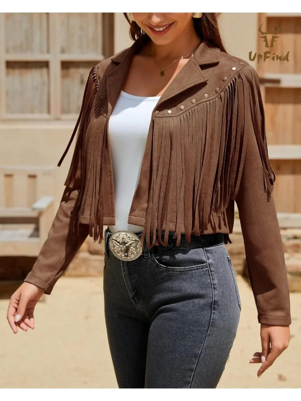 Women's Dark Brown Fringe Faux Suede Leather Jackets Fashion Western Tassel Coat